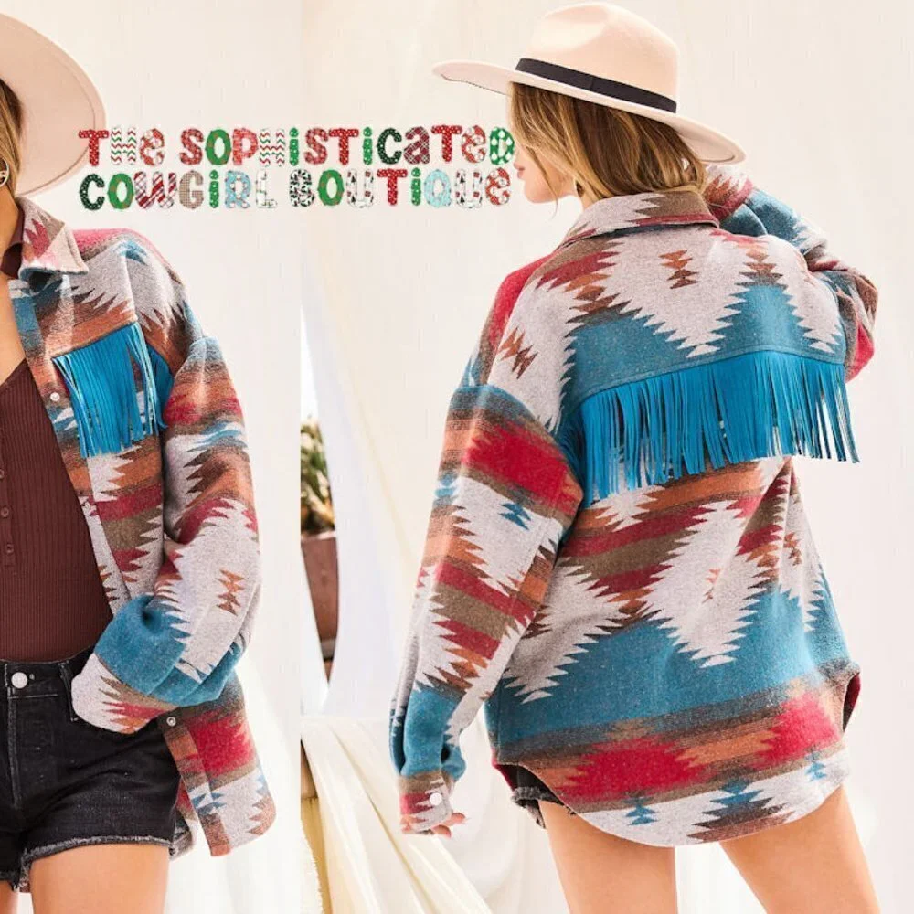 THE SHYSIE WOMENS AZTEC PRINT FRINGED JACKET CREAM NWT